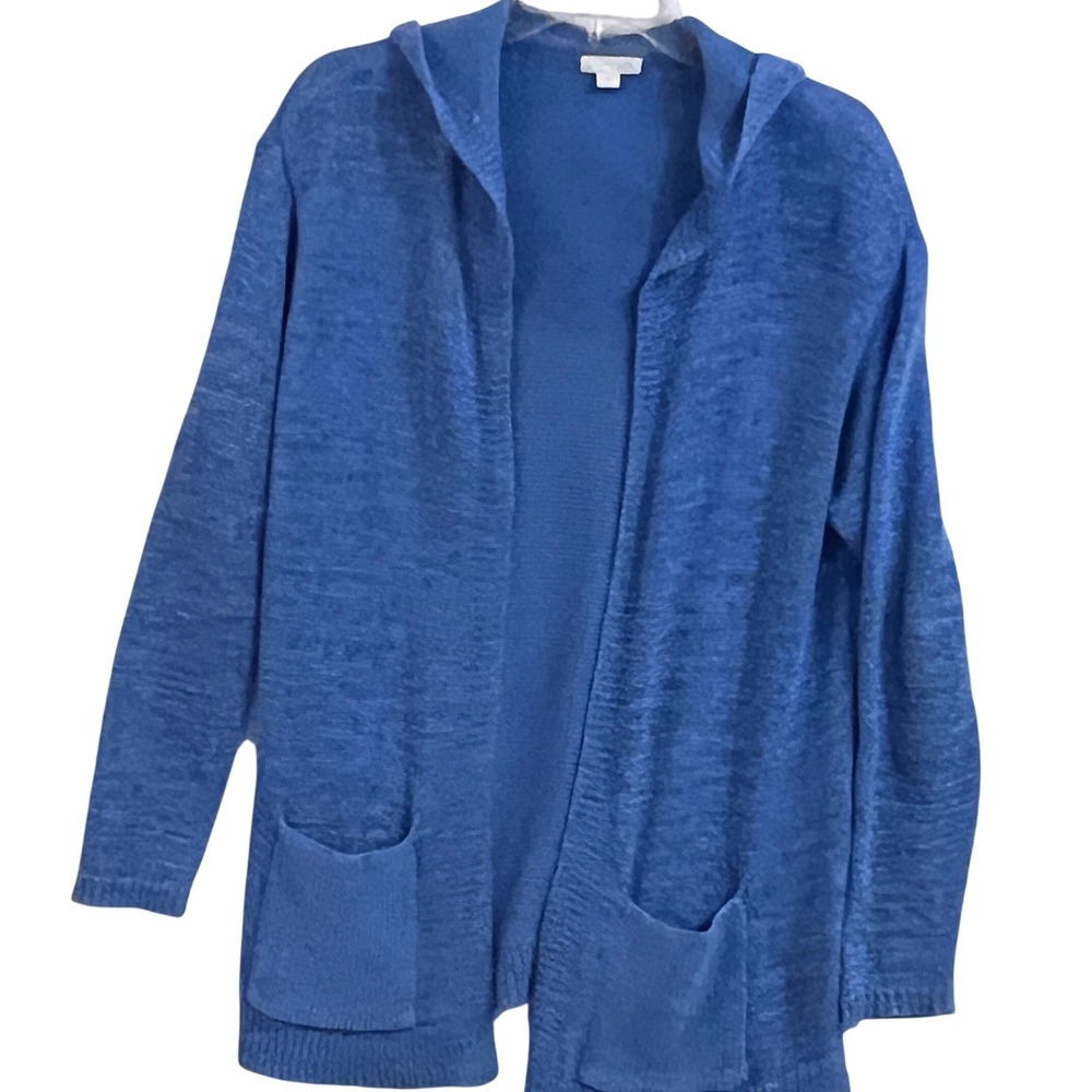 J Jill Cornflower Blue‎ Knit Hooded Cardigan Open Front Pockets Size S